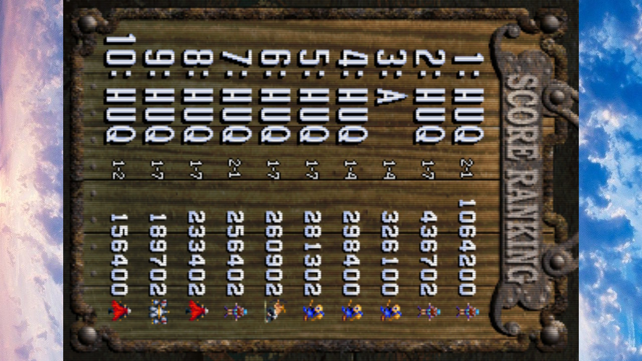 Screenshot: Gunbird 2 local leaderboards, showing HUQ at 1st place with a score of 1 064 200 using the character Tavia